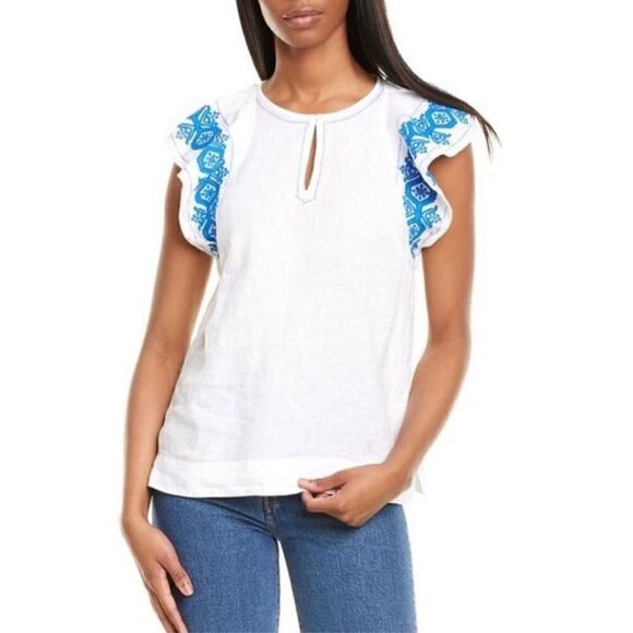 J. Crew Embroidered Linen Flutter Sleeve Top White Blue Women Small ANIII - Picture 1 of 9